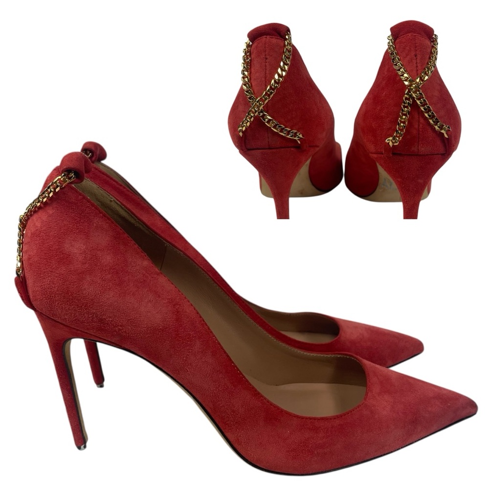 Brian Atwood Red Suede Pumps Gold Chain Stiletto Heels EU 37 Pointed Toe